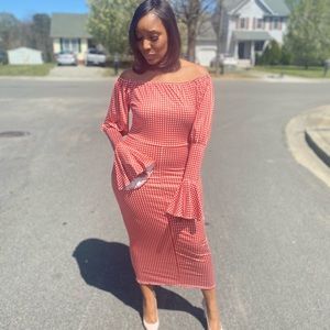 Puff Sleeve Plaid Off Shoulder Midi Dress Color